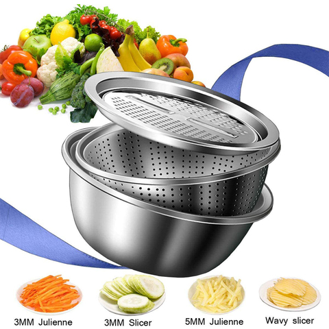 LMETJMA 3 in 1 Vegetable Slicer Cutter Drain Basket Stainless Steel Vegetable Julienne Grater Salad Maker Bowl KC0410 ► Photo 1/6