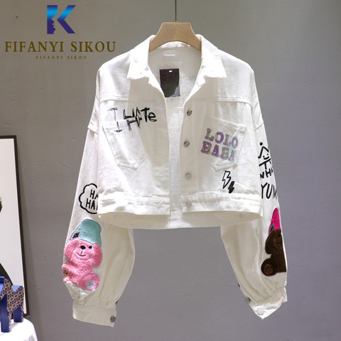 Jeans Jacket Women Cartoon bear Sequins Fashion White Denim Jacket Loose Short Coat Female Letter Print Casual Jeans Coat 2022 ► Photo 1/6