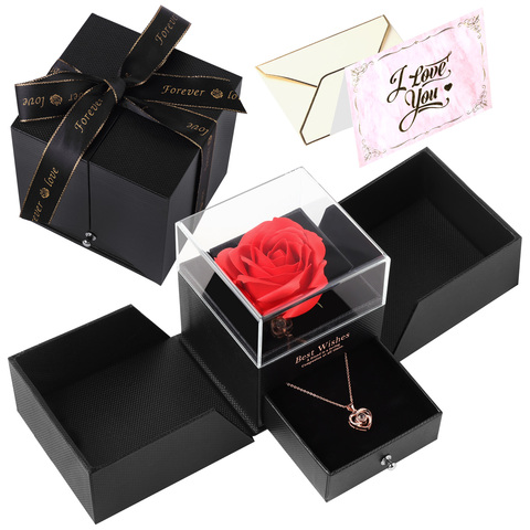 Behogar Eternal Flower Soap Rose Jewelry Box with Heart Necklace Romantic Surprise Gift for Wife Girlfriend on Valentine Day ► Photo 1/5