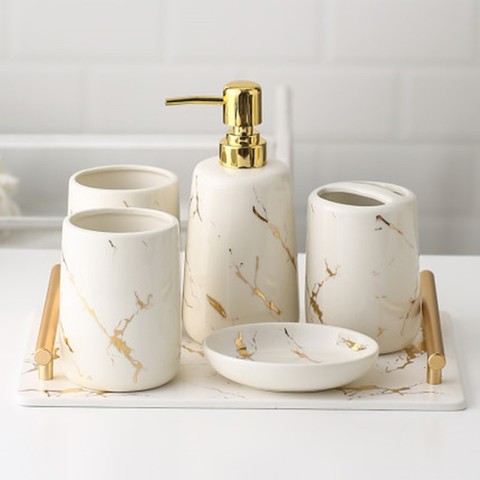 Milky Ceramic Toiletries Bathroom Accessories Set Marble Porcelain Toothbrush Holde Soap Dispenser Bathroom Tray Home Decoration ► Photo 1/6