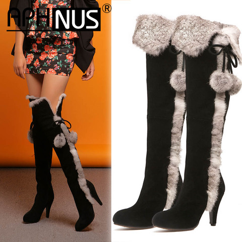 APHNUS Womens Boots Pom Poms Tall Over The Knee Thigh High Leg High Heels Pumps Woman 2022 Shoes For Women New Boot Zipper ► Photo 1/6