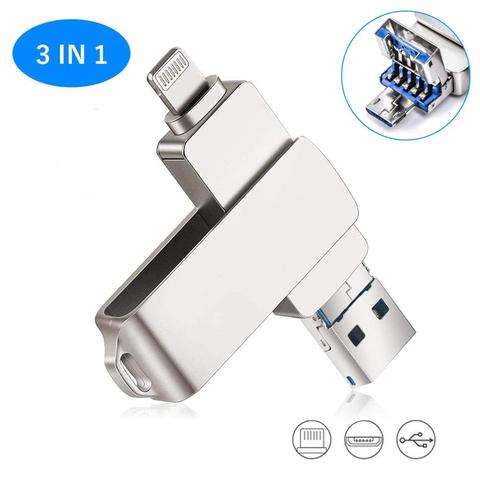 Metal OTG Usb Flash Drive 256GB 128GB 64GB 32GB 16GB For iPhone 3 in 1 Lightning HD USB Flash 3.0 Pendrive Cle Memory Disk On Ky ► Photo 1/6