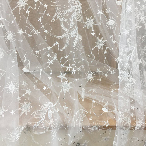 Star Celestial Embroidery Fabric, Soft Ivory White Tulle for Dress Shirt, Sequin Lace Fabric, Fashion Material by the Yard ► Photo 1/6