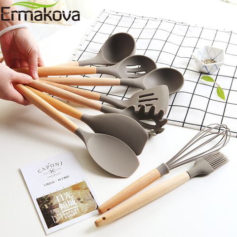 ERMAKOVA Silicone Cooking Utensils Wooden Handle Non-Stick Spatula Spoon Turner Soup Ladle Whisk Kitchen Cooking Tools Gadget ► Photo 1/6