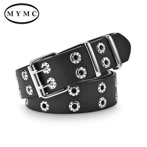 Fashion Men Women Punk Style Belt Adjustable Black Double Eyelet Grommet Metal Buckle Leather Waistband For Jeans ► Photo 1/6