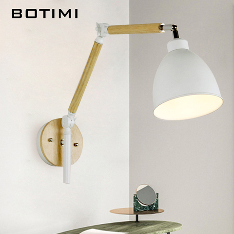 BOTIMI Nordic LED Wall Lamp Wooden Wall Sconce Adjustable Luminaira Metal Lampshade Bedside Light White Reading Lighting Fixture ► Photo 1/6