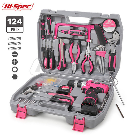 Hi-Spec 60 Pieces Pink Hand Tool Set Kit 12V Electric Screwdriver Li-ion Battery Gril Lady Women Household Power Tool Set ► Photo 1/6