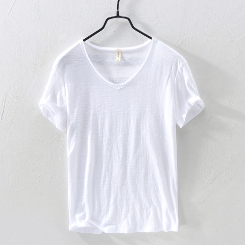 2022 Summer New 100%Cotton T-shirt Male V-neck Solid White Casual T Shirt Men Basic Tee Plus Size Short Sleeve Tops Men Clothing ► Photo 1/6