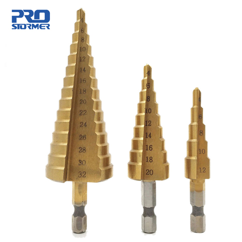 3Pcs HSS Step Drill Bit Set 4-12mm 4-20mm 4-32mm Titanium Coated Wood Metal Hole Cutter Durable Drill Bits Tool By PROSTORMER ► Photo 1/6