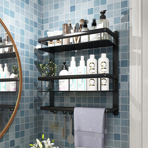 Bathroom Shelf With Towel Bar Wall Mounted Space Aluminum Bath Shower Shelf Black Bath Shampoo Holder Toilet Shelf Organizer ► Photo 1/1