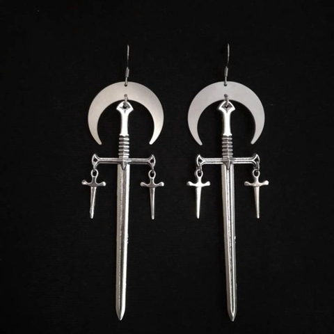 Witch Moon Earrings,Vampire Earrings Crescent Moon - Sword - Long - Goth - Gothic - Witchy - Celestial - Jewelry - Moon 2022 ► Photo 1/1