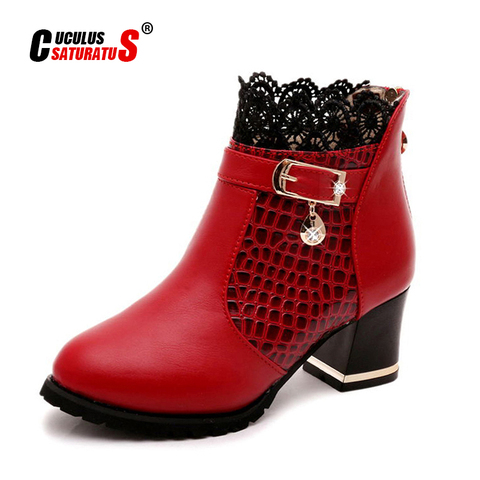 Cuculus Autumn Winter New Lace Fashion High Heels Women Shoes Woman Boots Ankle Casual Ladies Boot Metal Rhinestone Red 1037 ► Photo 1/6