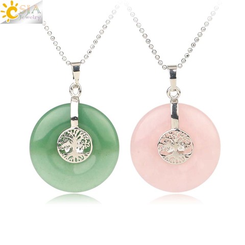 CSJA Tree of Life Charms Pendant Natural Crystal Hollow Round Reiki Stone Energy Wisdom Trees Women Men Pendants Necklaces G146 ► Photo 1/6