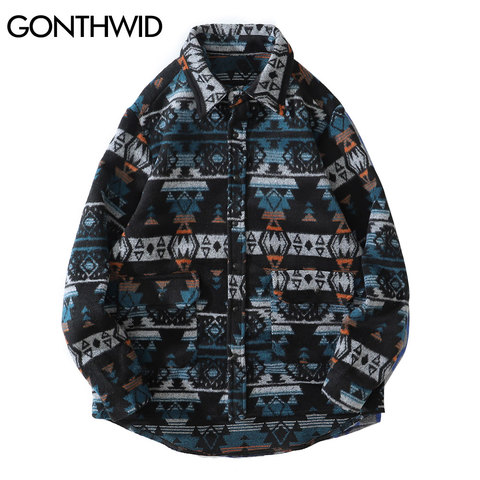 GONTHWID Thick Shirts Coats Streetwear Hip Hop Geometry Pattern Color Block Long Sleeve Shirt Jackets Men Harajuku Casual Shirts ► Photo 1/6