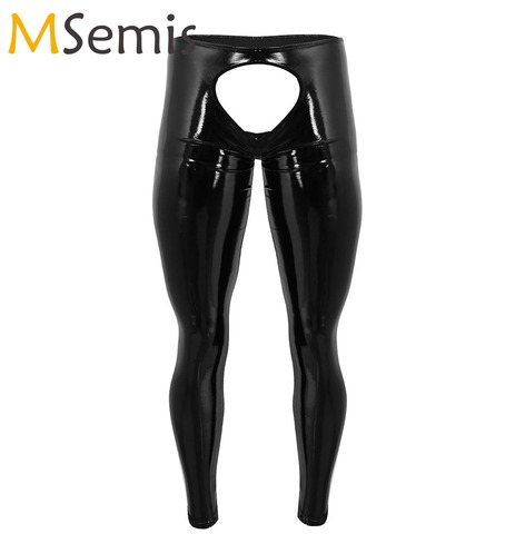 Black Mens Latex Pants Sexy Open Butt Crotchless Wetlook Leather Leggings Gay Erotic Tight Lingerie Nightclub Pole Dance Trouser ► Photo 1/6