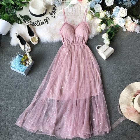 Sequined Party Dress Stars V-neck Sleeveless Vestidos Sexy Dresses 2022 Summer Mesh Patchwork New Long Dresses ► Photo 1/6