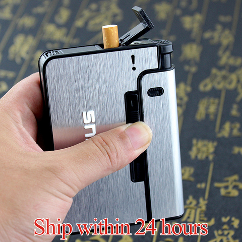 FOCUS Automatic cigarette case Metal Cigarette Boxes 10pcs Cigarette Holder Case Lighter Gadget For Men Christmas Gift ► Photo 1/6