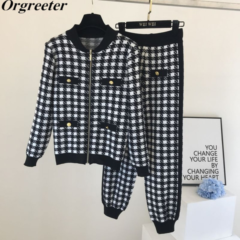 Plus Size S-4XL Women Vintage Gold Button Plover Plaid Zipper Knitted Cardigans+Lante Pants 2 Piece Set Tracksuits Women ► Photo 1/6