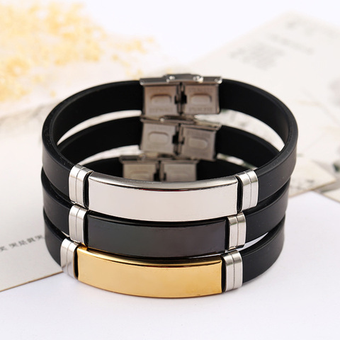 Stainless Steel Blank ID Tags Silicone Bangle For Engrave Silver Color/Golden/Black Metal Plate Bracelet Wholesale 10pcs ► Photo 1/5