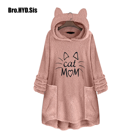 Warm Women's Fleece Hoodies Cat Mom Letter Embroidered Fashion Double-sided Loose Fit Hooded Sweatshirt Pullover Sweaters Pink ► Photo 1/6