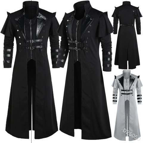 Medieval Steampunk Assassin Elves Pirate Costume For Adult Black Vintage Long Split Jacket Gothic Armor Leather Coats 5XL ► Photo 1/6