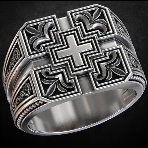 Creative 925 Vintage Thai Silver Carved Christian Cross Men's Ring Party Gift Jewelry Ring Wholesale ► Photo 1/1