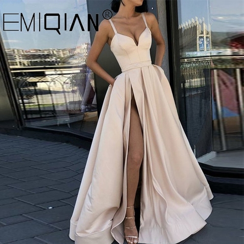 Champagne Muslim Evening Dresses, High Slit Spaghetti Straps Sweetheart A-Line Satin Long Prom Dress ► Photo 1/6