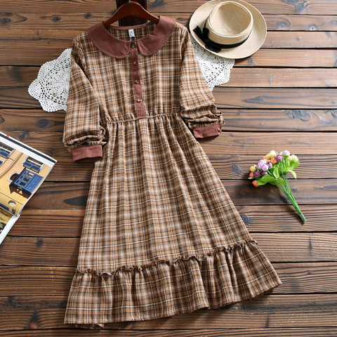 Mori girl cute kawaii fashion plaid dress autumn style peter pan collar long sleeve casual dress for lady ► Photo 1/6