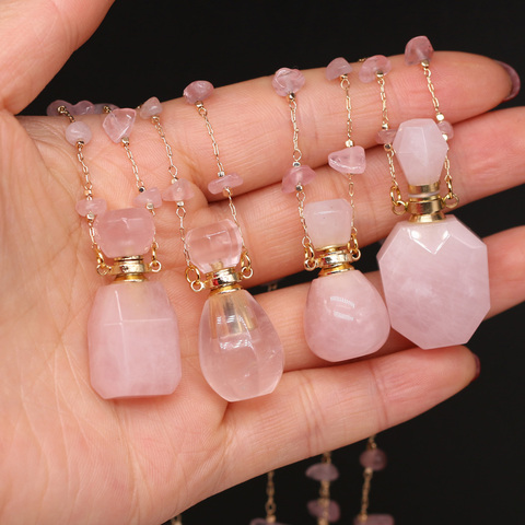 Natural Stone Perfume Bottle Necklace Irregular Pink Quartz Pendant Charms For Elegant Women Love Romantic Gift 60 CM ► Photo 1/6