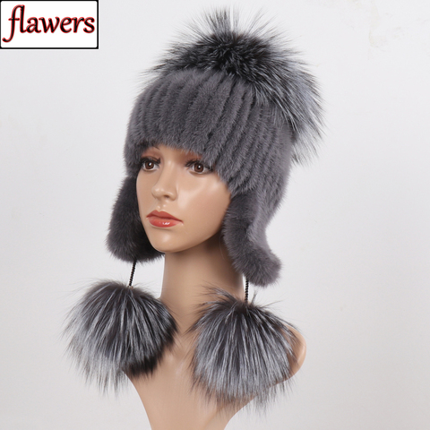 Russian Winter Laay Real Mink Fur Bomber Hat Natural Warm Mink Fur Hats Top Luxury Fox Fur Cap Women Knit Quality Real Fur Caps ► Photo 1/6