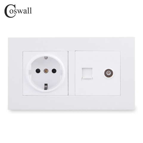 Coswall Simple Style PC Panel EU Russia Spain Wall Socket + Female TV Connector With CAT5E RJ45 Internet Data Computer Jack ► Photo 1/4
