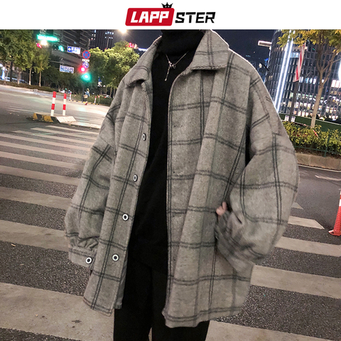 LAPPSTER Men Korean Style Plaid Overcoat 2022 Overcoat Wool Mens Streetwear Windbreaker Harajuku Fashions Oversize Jackets Coats ► Photo 1/6