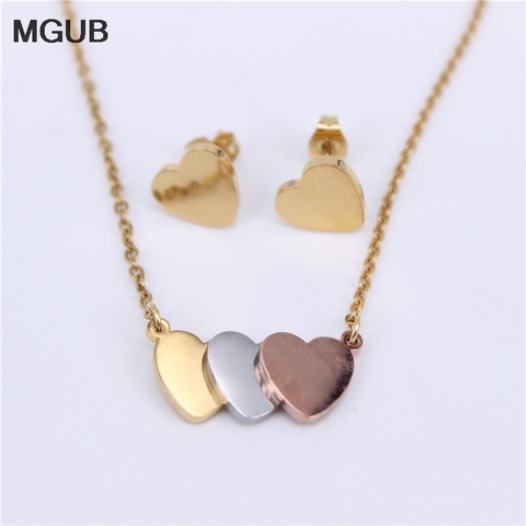 Exquisite heart-shaped three-color stainless steel jewelry set necklace and earrings for women LH786 ► Photo 1/6