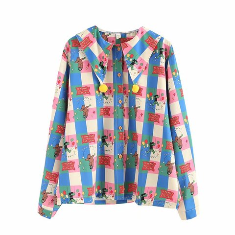 Bebobsons Harajuku 2022 Spring New Women Chiffon Blouse Cartoon Bears Print Long Sleeve Sailor Collar Loose Shirt Tops ► Photo 1/6