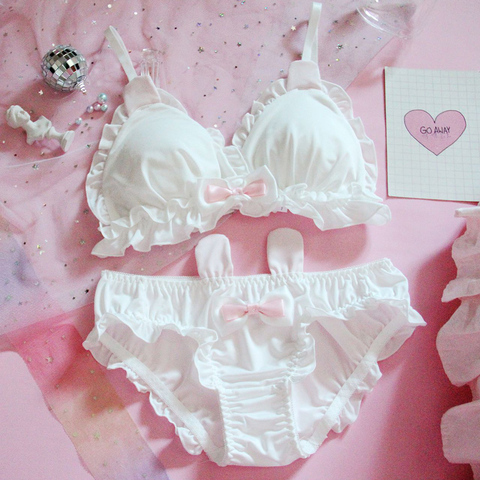  Cute Lace Bras and Panty Set Kawaii Sexy Bow Mesh Lingerie for  Women Naughty School Girl Wireless Padded Bralettes Juniors Teen Lolita  Plus Size Up Bras Gingham Underwear (Color : White