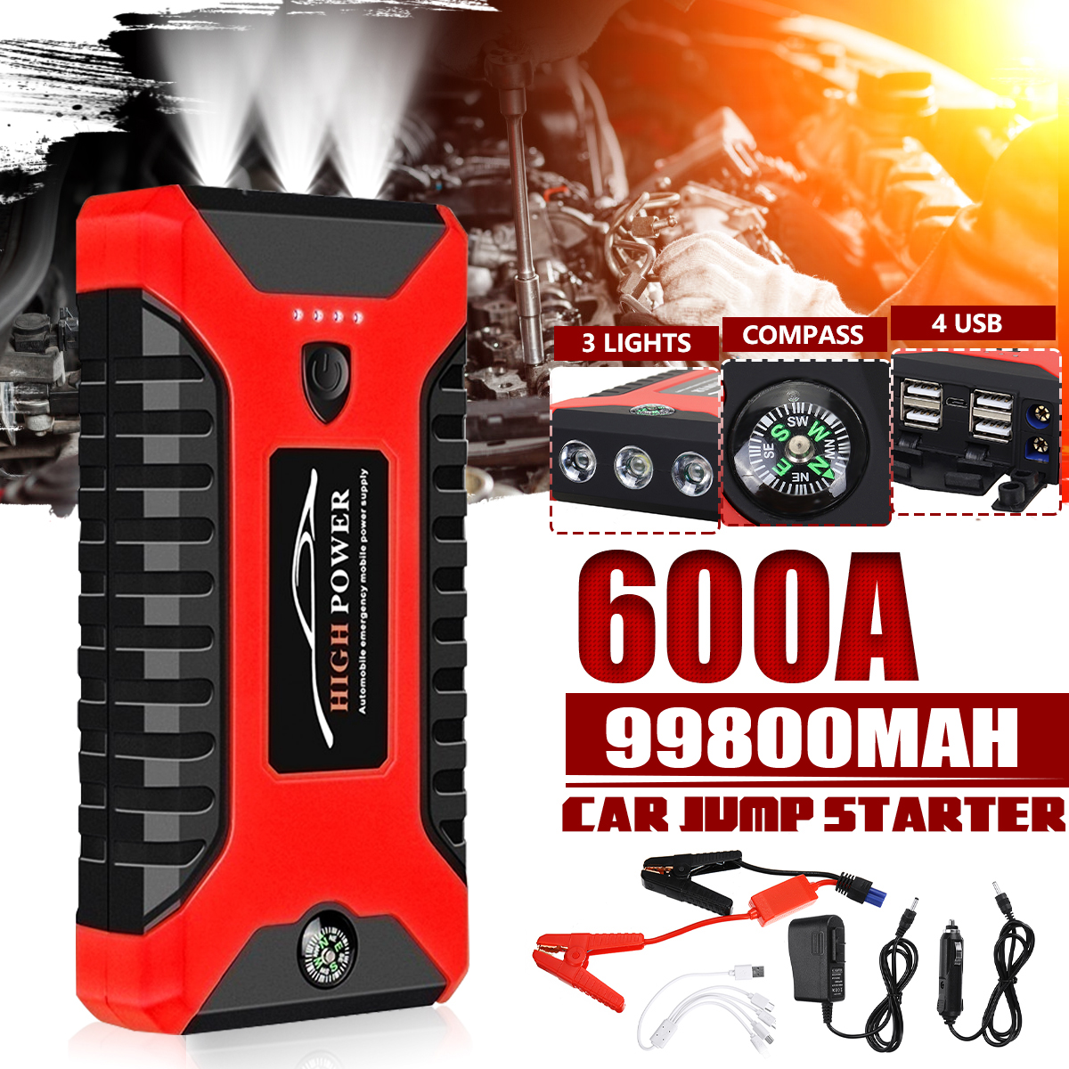 99800mAh Car Jump Starter Pack 600A Portable 4 USB Power Bank Car Battery Booster Charger 12V Starting Device Car Startee Buster ► Photo 1/6