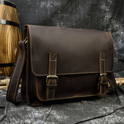 Vintage genuine Leather men shoulder bags Real Crazy horse leather big laptop briefcase A4 messenger bag Brown casual work bag ► Photo 1/6