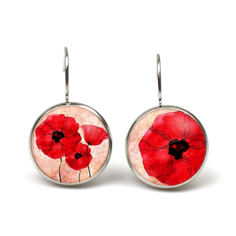 big Red flower Pendant earring cabochon poppies simple earrings poppies Jewelry Dome Round Handmade Women's Colorful ► Photo 1/6