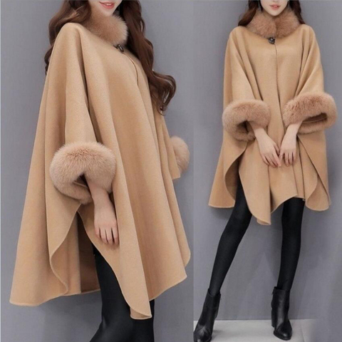 Elegant Women Winter Coats Batwing Fluffy Sleeve Cape Jacket Lady Woolen Overcoat Cape Fox Fur Collar Warm Ponchos Feminino ► Photo 1/6