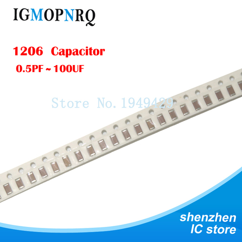 100pcs 1206 Ceramic Capacitor 50V SMD Thick Film Chip Multilayer 0.5pF-100uF 10NF 100NF 1UF 2.2UF 4.7UF 10UF 1PF 6PF ► Photo 1/1