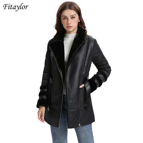 Fitaylor New Winter Women Patchwork Lamb Fur Overcoat  Turndown Collar Zipper Motorcycle Outwear Faux Soft Leather Long Jacket ► Photo 1/1