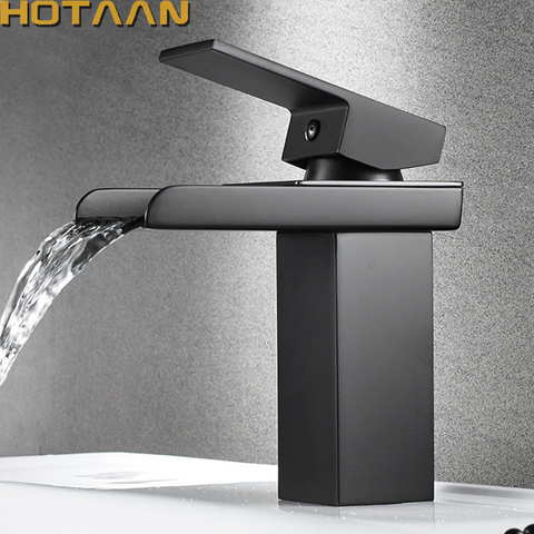 Black Plated Brass Waterfall Bathroom Basin Faucet Square Vanity Sink Mixer Hot & Cold Lavotory Tap Single Handle YT-5018-H ► Photo 1/6
