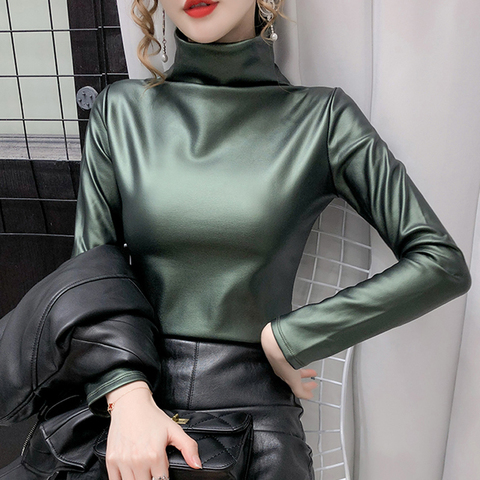 Shintimes Plus Size Turtleneck T-Shirt Comfortable Soft PU Leather T Shirt Women Long Sleeve Warm 2022 Winter Womens Clothing ► Photo 1/6