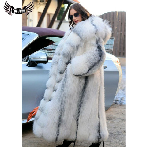 BFFUR 130CM Long Real Fox Fur Coat With Hood Thick Warm Winter Fashion Genuine Cross Fox Fur Jackets PLus Size Overcoats Women ► Photo 1/6