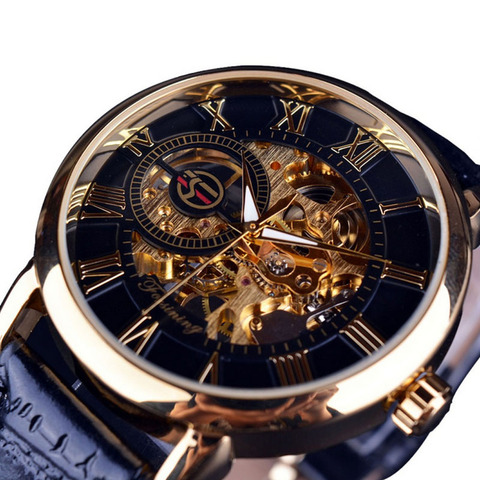 FORSINING 3D Logo Black Gold Men Skeleton Mechanical Watch Man Watches Top Brand Luxury Leather WINNER Design Montre Homme 2022 ► Photo 1/6