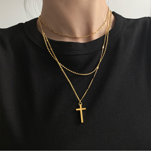 Peri'sBox 3 Pcs/Set Layered Beads Chains Choker Water Wave Linked Cross Pendant Necklaces Vintage Trendy Religious Necklaces Hot ► Photo 1/6
