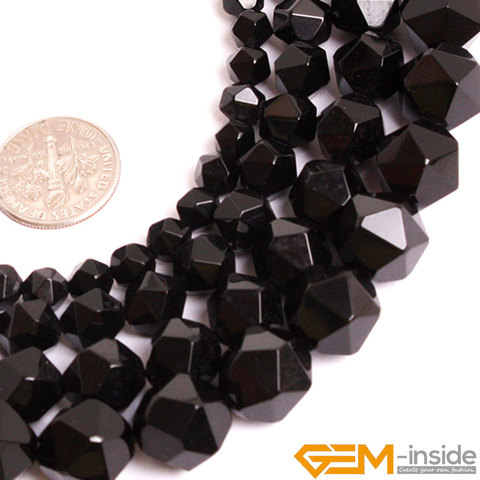 Natural Stone Black Agates Faceted Polygonal Beads For Jewelry Making Strand 15