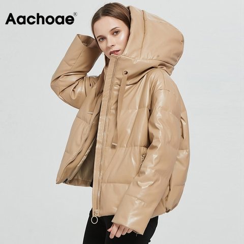 Aachoae Women Thick Warm PU Faux Leather Padded Coat 2022 Winter Zipper Hooded Jacket Parka Long Sleeve Pockets Outerwear Tops ► Photo 1/6