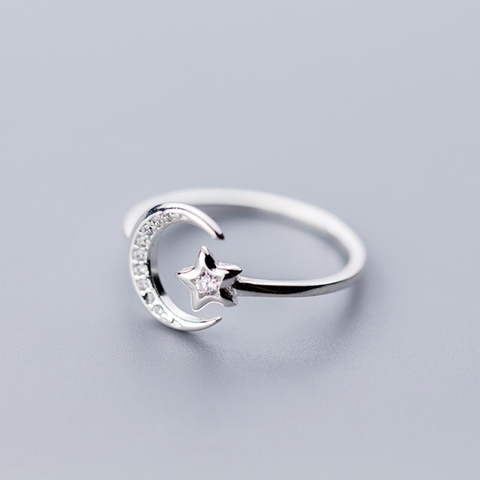 Real 925 Sterling Silver Minimalist Zircon Moon Star Opening Ring For Charming Women Party Fine Jewelry Cute 2022 Gift ► Photo 1/5