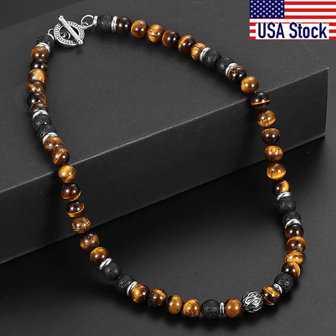 8mm Natural Stone Tiger Eyes Lava Bead Necklace Stainless Steel Bead Charm Choker Neck Chain Fashion Male Jewelry 18/20inch ► Photo 1/6